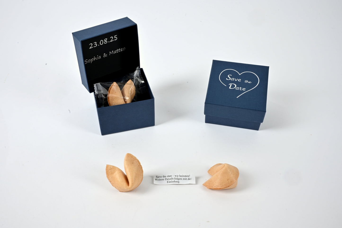 Edle Designer Box - Save the Date - mit Glückskeks (dunkelblau)