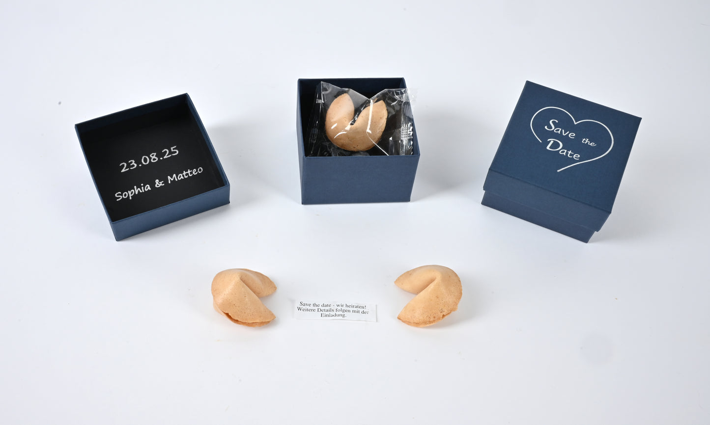 Edle Designer Box - Save the Date - mit Glückskeks (dunkelblau)