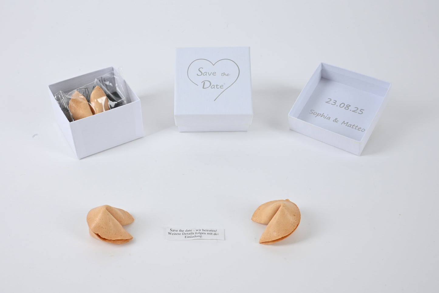 Edle Designer Box - Save the Date - mit Glückskeks (weiß)